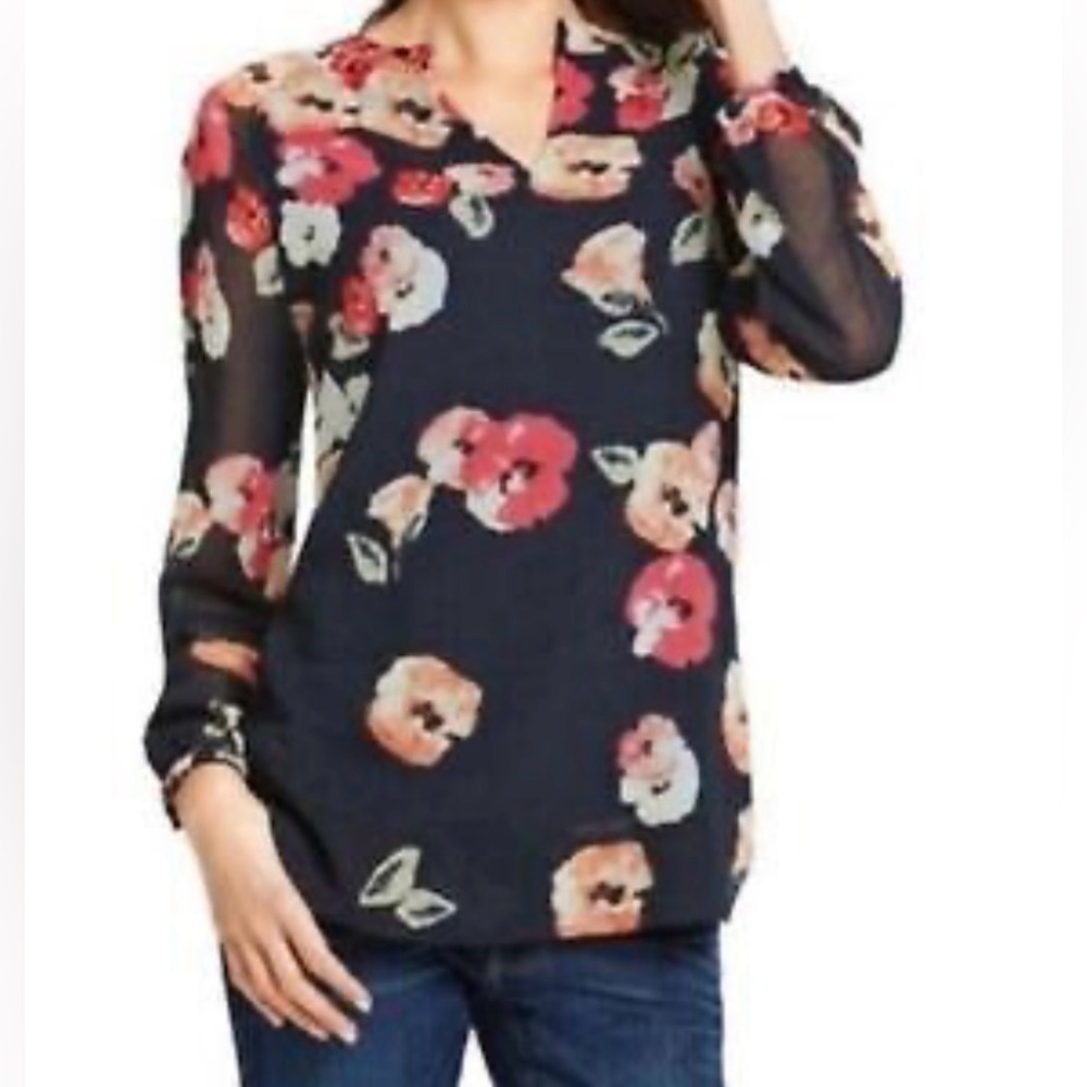 CAbi Black Long Sleeve Notched Collar Blouse